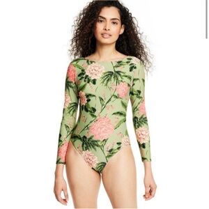 Peony Print Long Sleeve One PieceSwimsuit - Agua Bendita × Target Size: XL NWT
